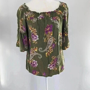 Army Green Floral Fall Style Women's Size Small Off On Shoulder 3/4 Sleeve Top